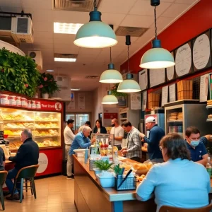 Inside All’Antico Vinaio in Nashville with fresh sandwiches and customers