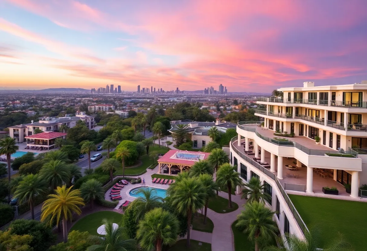 Luxury development in Beverly Hills featuring gardens and modern architecture