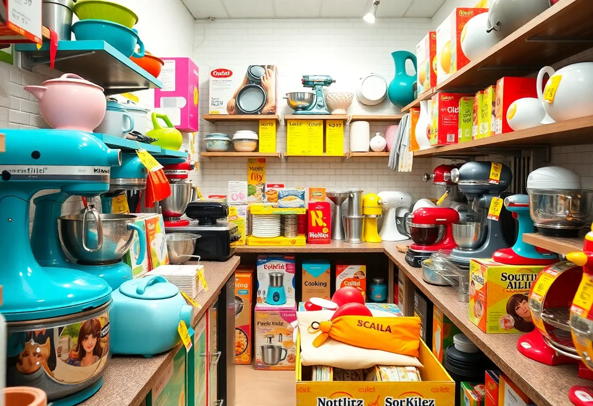 Brightly colored kitchen gadgets and appliances on sale for Amazon Spring Sale.