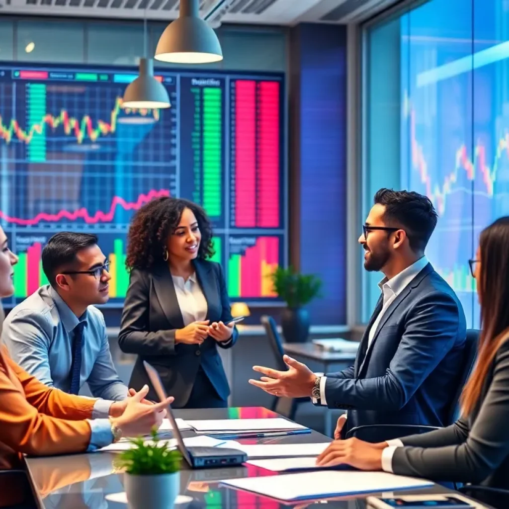 Financial professionals discussing wealth strategies in a modern office.