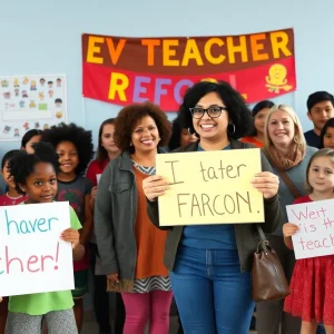 Students and parents celebrating the reinstatement of a journalism instructor in a school setting.