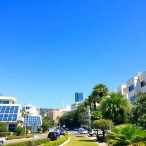 A view of Beverly Hills with solar panels and greenery highlighting climate action efforts.