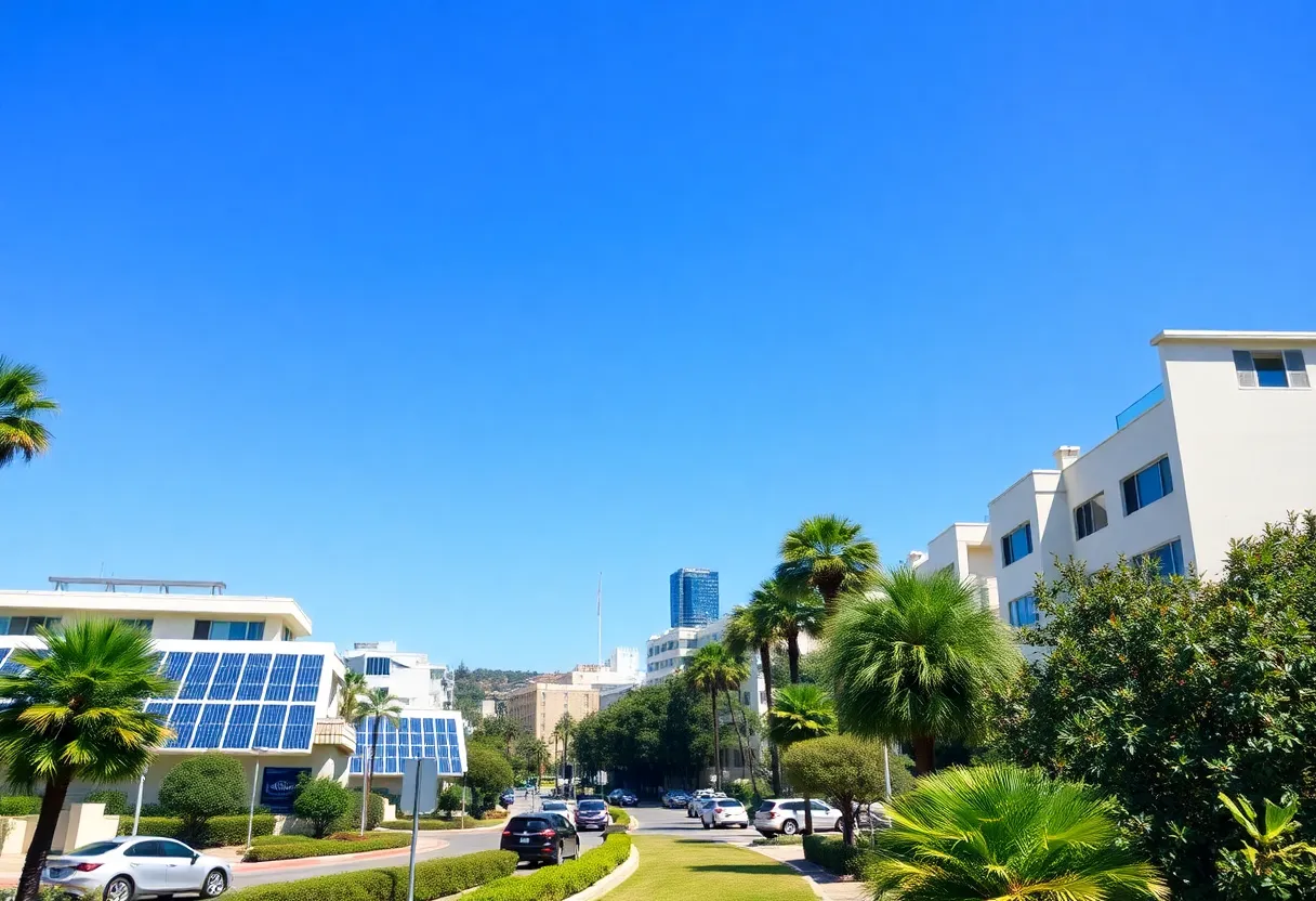 A view of Beverly Hills with solar panels and greenery highlighting climate action efforts.