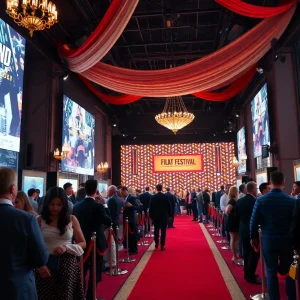 Scene from the Beverly Hills Film Festival with guests at a movie premiere.