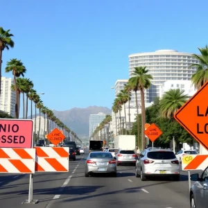 Construction signs indicating lane closures in Beverly Hills.
