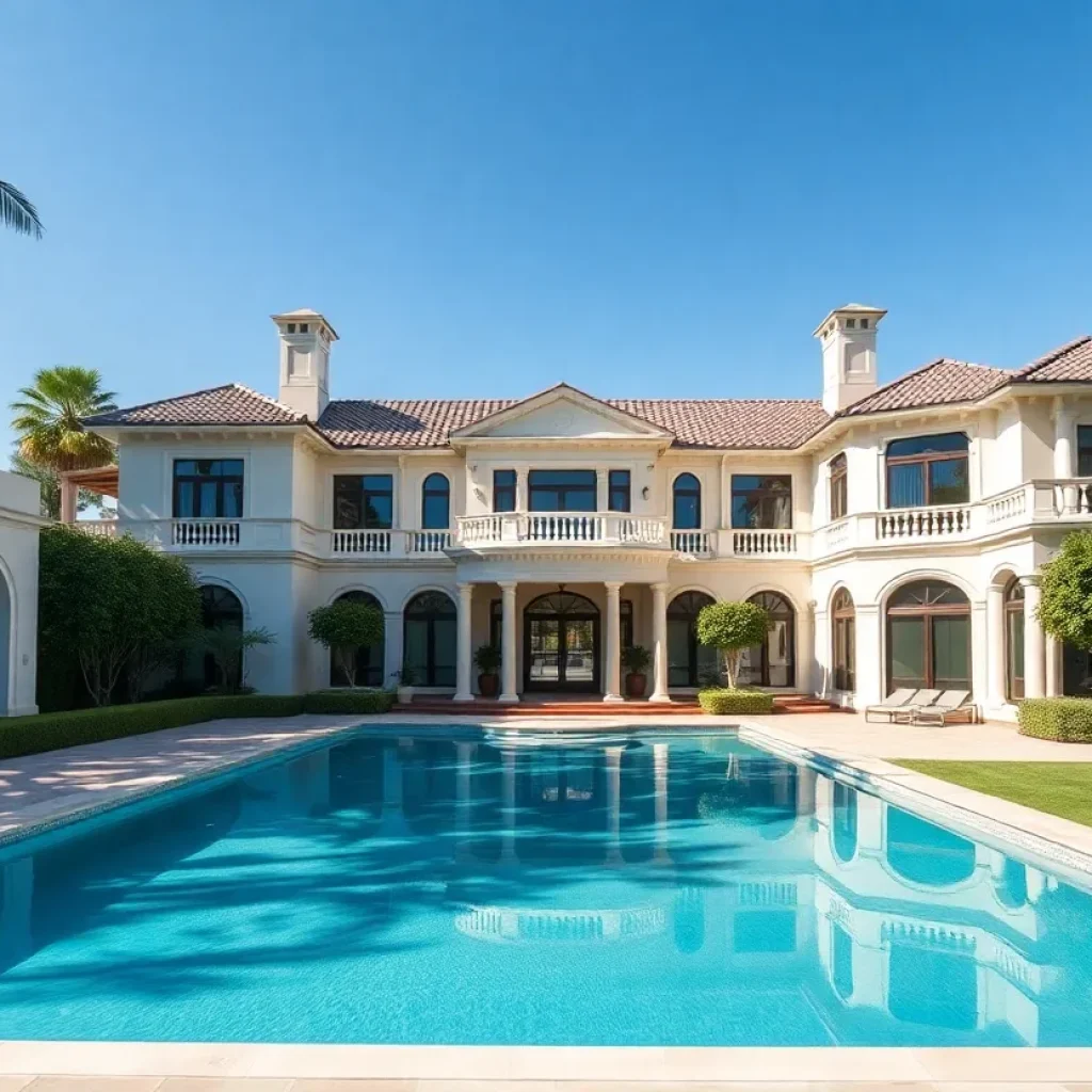 Exterior view of a luxurious mansion in Beverly Hills