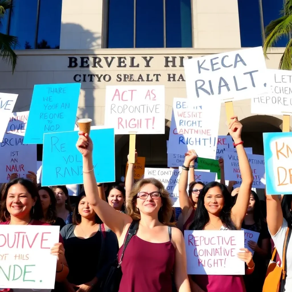 Crowd of activists at Beverly Hills City Hall advocating for reproductive rights