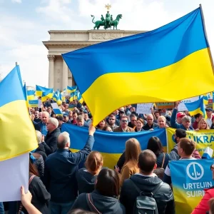 Supporters rallying for Ukraine in Beverly Hills with a Ukrainian flag.