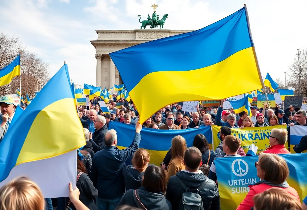 Supporters rallying for Ukraine in Beverly Hills with a Ukrainian flag.