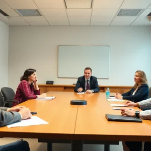Board members in a meeting discussing crisis communication