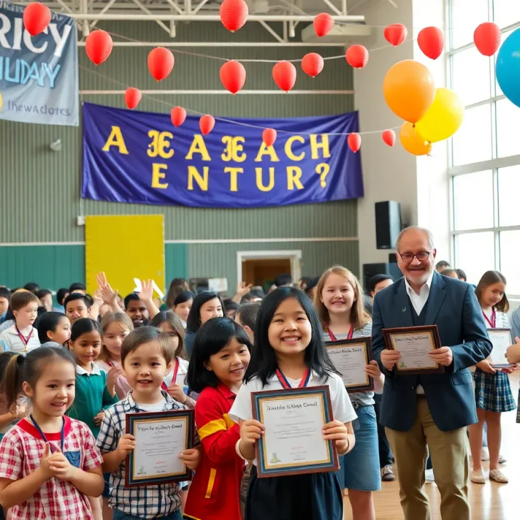 Students and faculty celebrating the School to Watch award at Beverly Vista Middle School