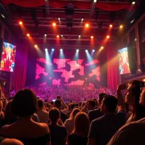 A Broadway stage filled with dramatic lights and audience anticipation.