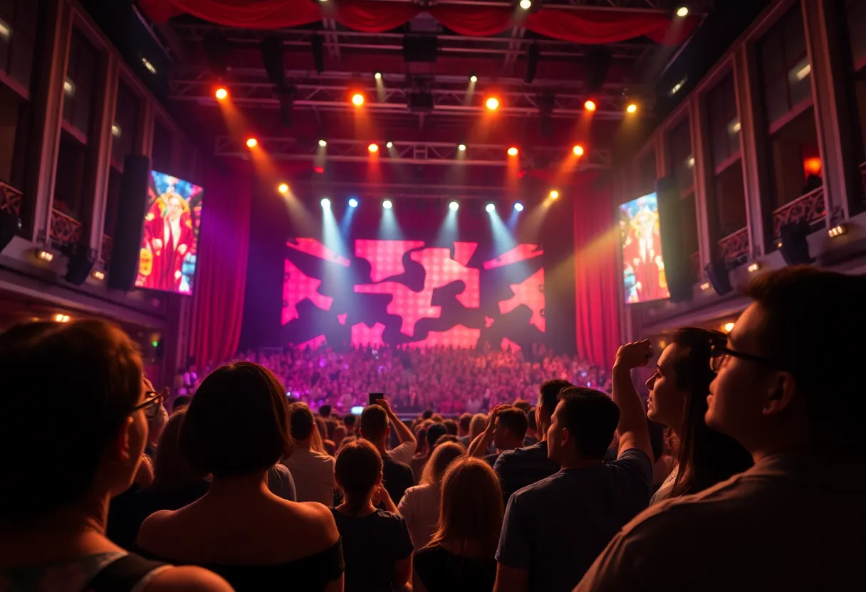 A Broadway stage filled with dramatic lights and audience anticipation.