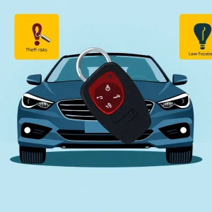 A modern vehicle indicating key fob technology with warning signs about car theft.