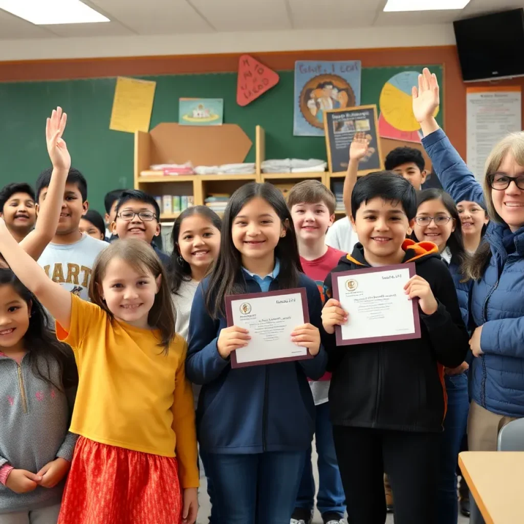 Beverly Vista Middle School students and faculty celebrating an award