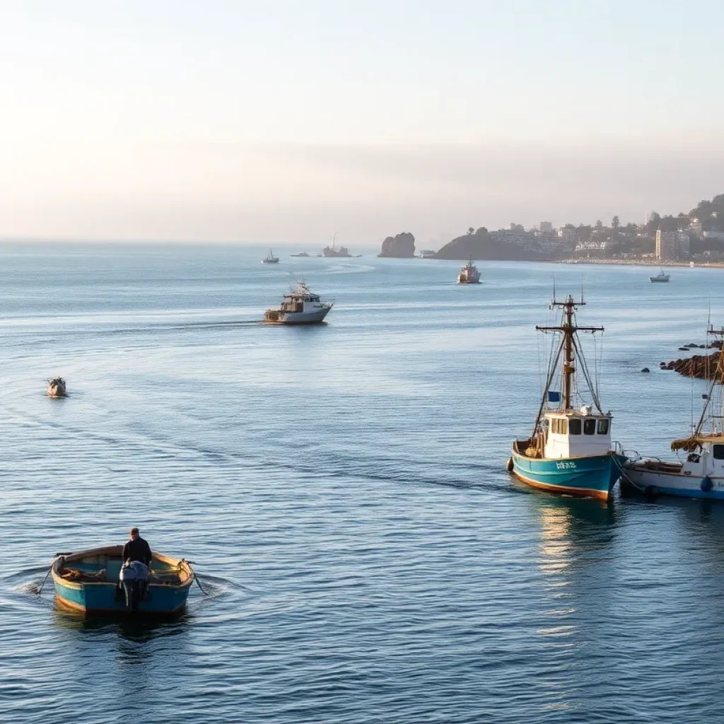 California coastline with fishing boats in the water