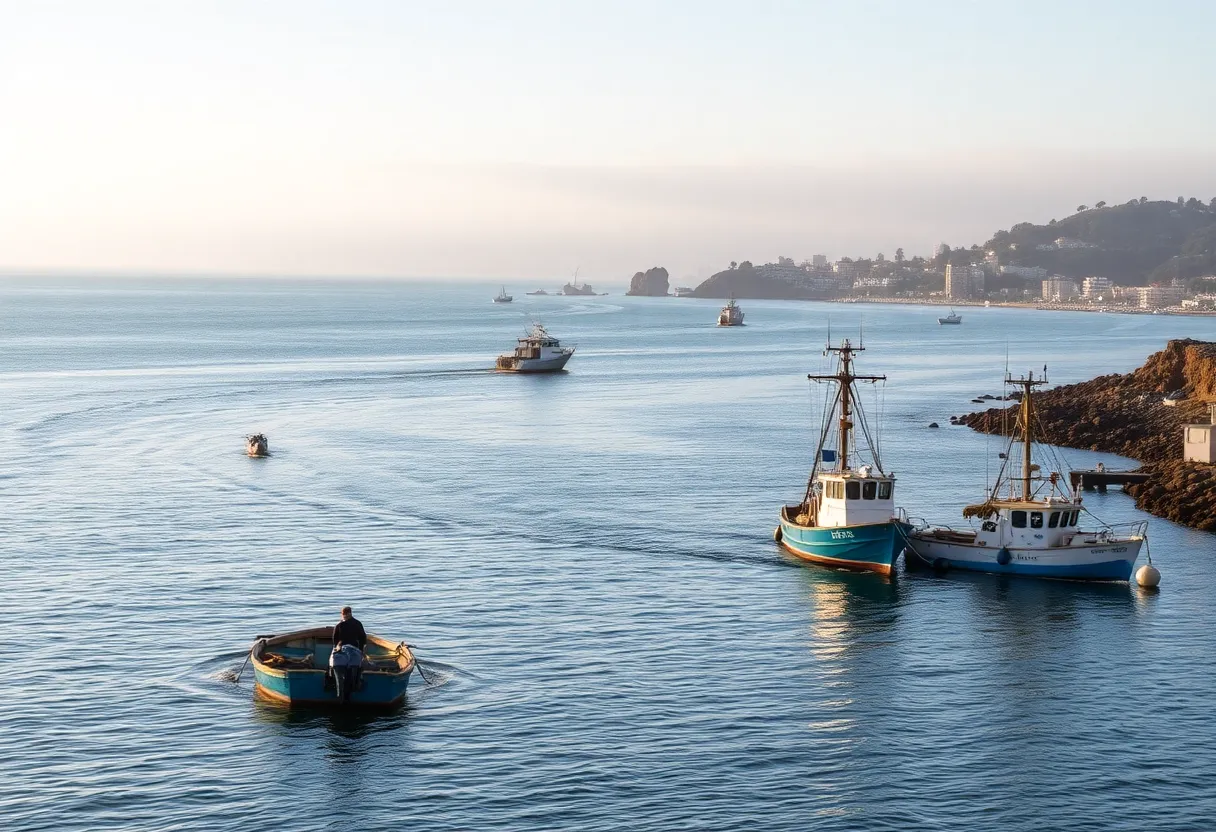 California coastline with fishing boats in the water