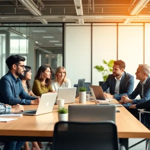 Employees discussing flexible work arrangements in an office