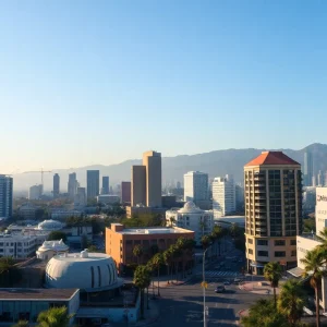 A view of Los Angeles showcasing film studios and production sets.