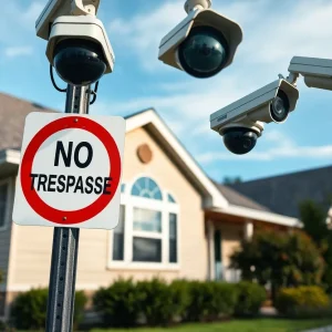 Residential property displaying a no trespassing sign and surveillance cameras.