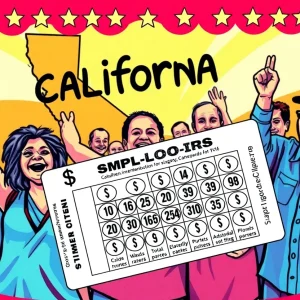 Celebration of California lottery winners with colorful tickets