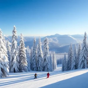 A snowy landscape of a California ski resort with skiers enjoying fresh powder.