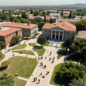 Students walking on the campus of a California university with trees and buildings in the background