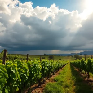 Vineyard in California with lush grapes and cloudy skies.