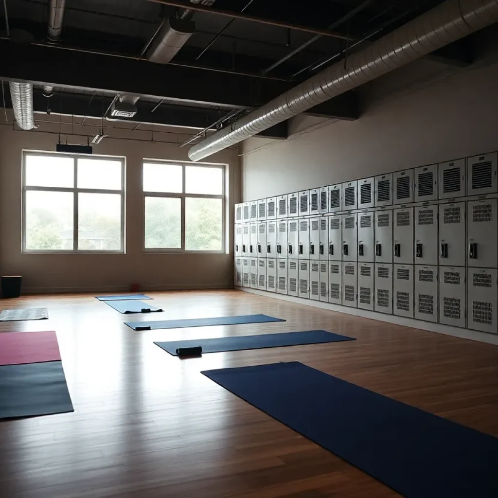 Interior of CorePower Yoga studio with yoga mats and lockers