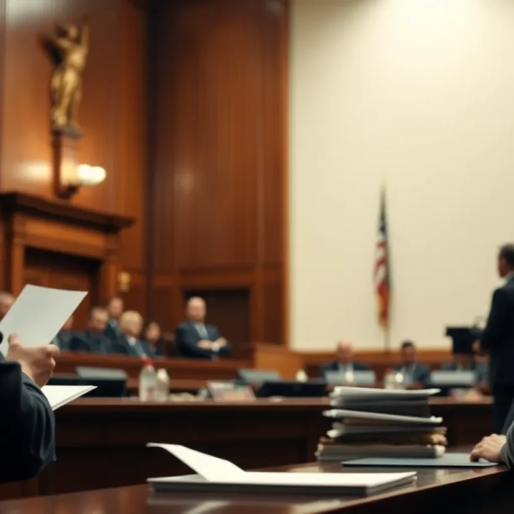 Courtroom scene depicting legal proceedings