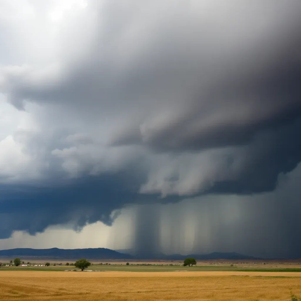 Stormy weather over Kern County with dark clouds and rain