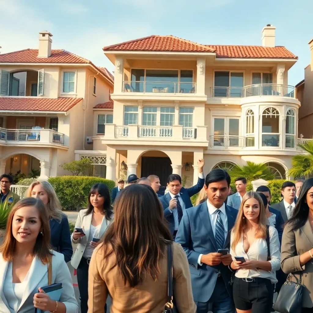 A view of luxury homes in Los Angeles with real estate agents interacting with clients.