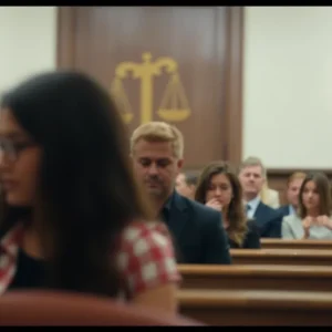 Courtroom scene with emotional reactions from spectators regarding the Menendez brothers case.