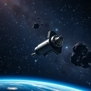 An artistic representation of the SPHEREx space telescope in orbit.
