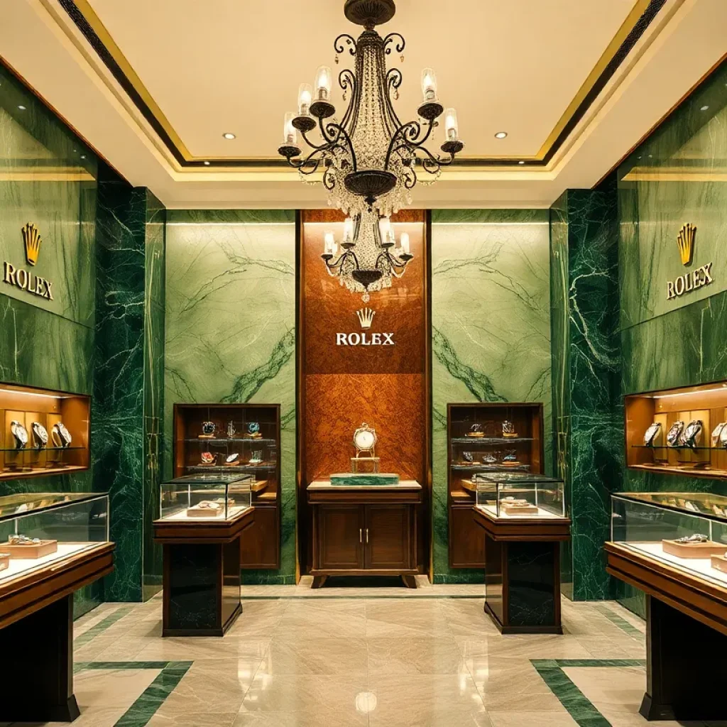 Interior view of the new Rolex boutique in Beverly Hills featuring stunning displays of timepieces