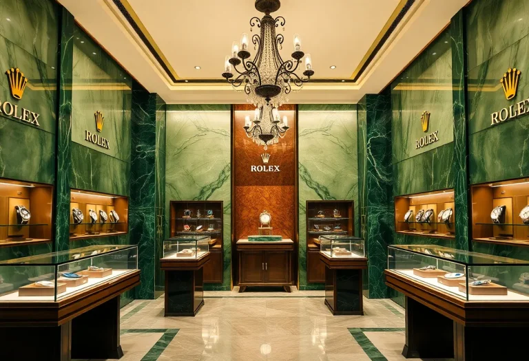 Interior view of the new Rolex boutique in Beverly Hills featuring stunning displays of timepieces