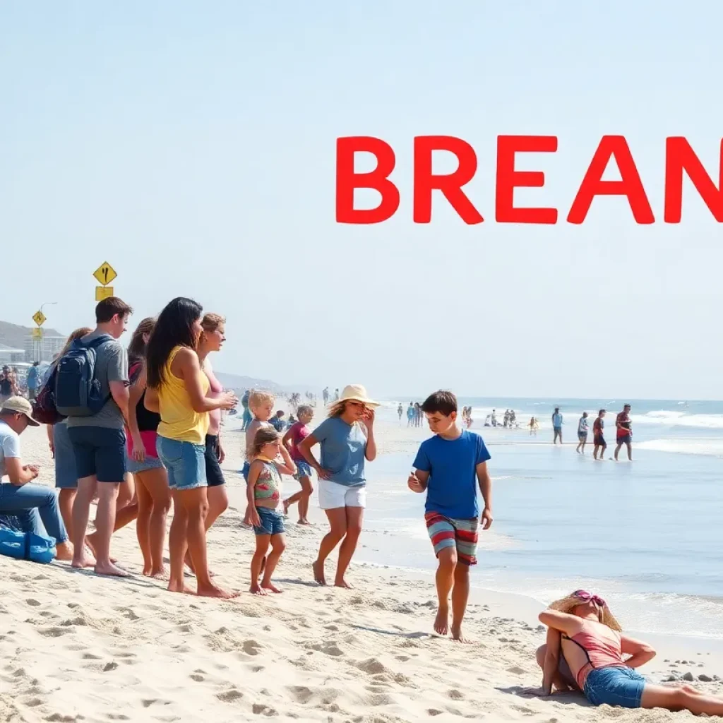 A beach scene showing travelers with caution signs nearby.