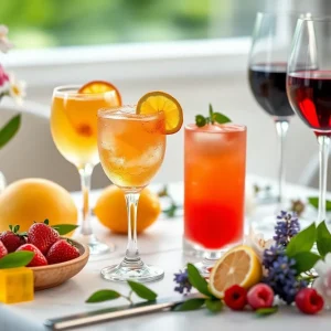 Vibrant spring cocktails and wine dinner setup