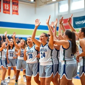 UCLA Bruins women's basketball team celebrating their no. 1 seed victory.