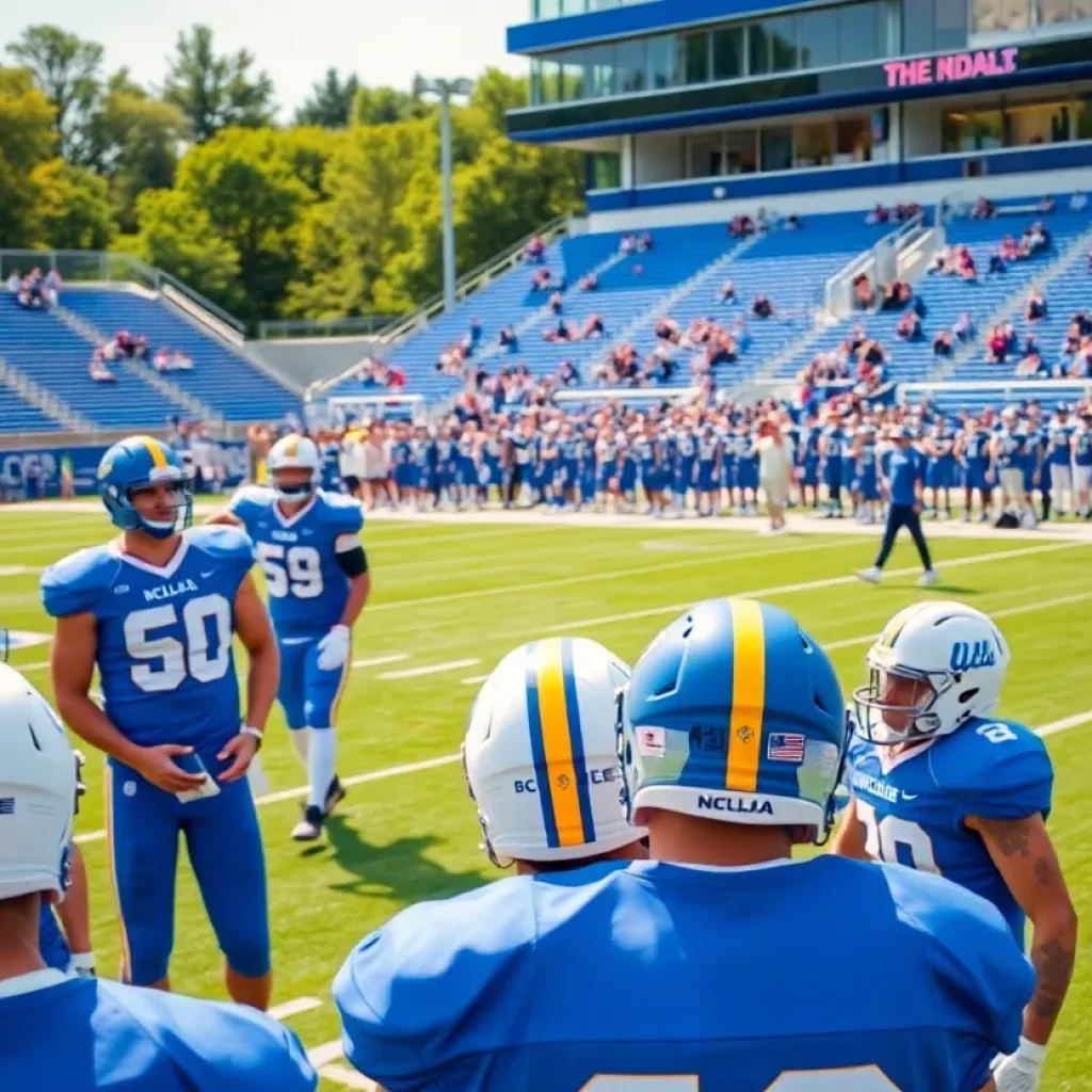 UCLA football players in practice at the stadium during spring 2025.