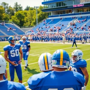 UCLA football players in practice at the stadium during spring 2025.