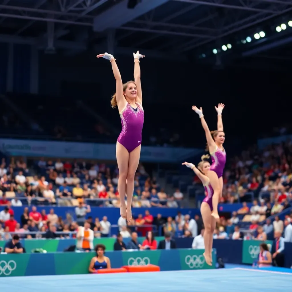 Utah gymnastics team performing in a lively competition