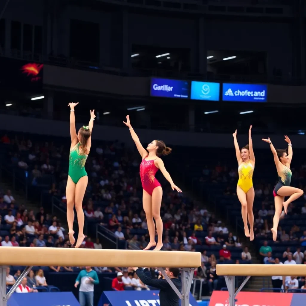 Utah Red Rocks team celebrates their victory in a gymnastics competition