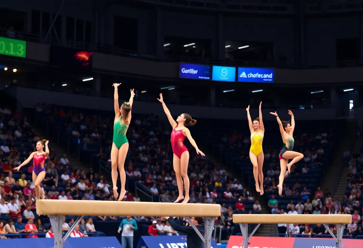 Utah Red Rocks team celebrates their victory in a gymnastics competition