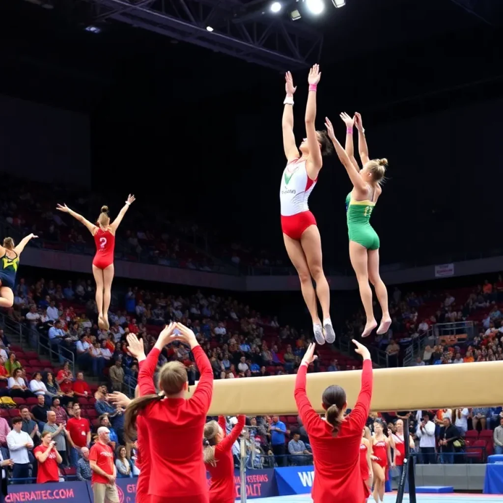 Gymnasts performing at the Utah Red Rocks Senior Night event