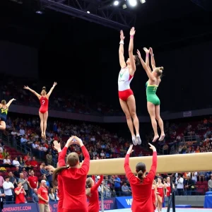 Gymnasts performing at the Utah Red Rocks Senior Night event