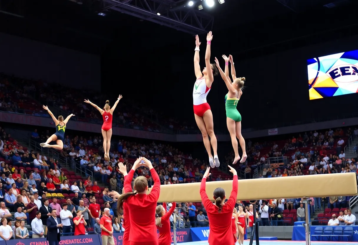 Gymnasts performing at the Utah Red Rocks Senior Night event