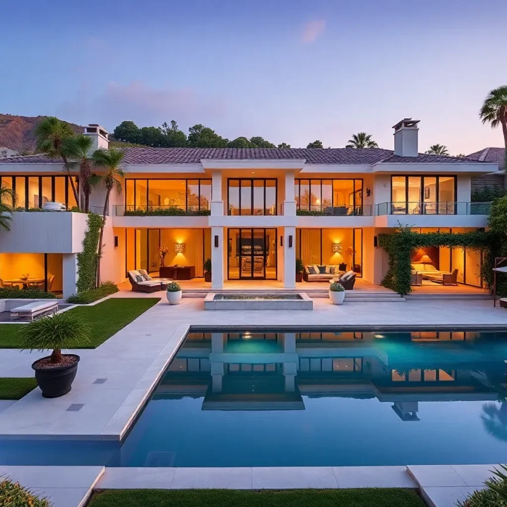 An elegant Beverly Hills mansion with lush gardens and modern design.