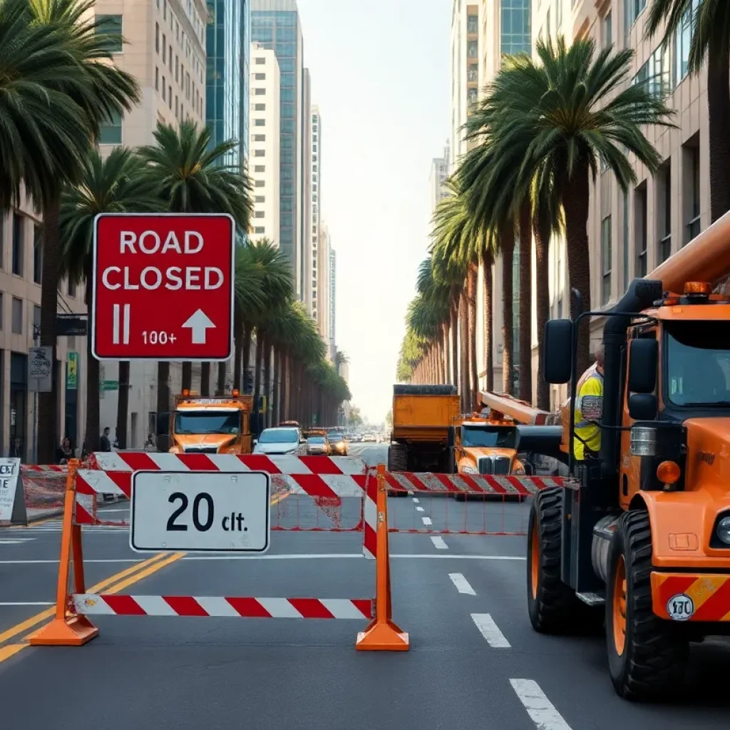 Construction on Wilshire Boulevard in Beverly Hills with pedestrians and signage.