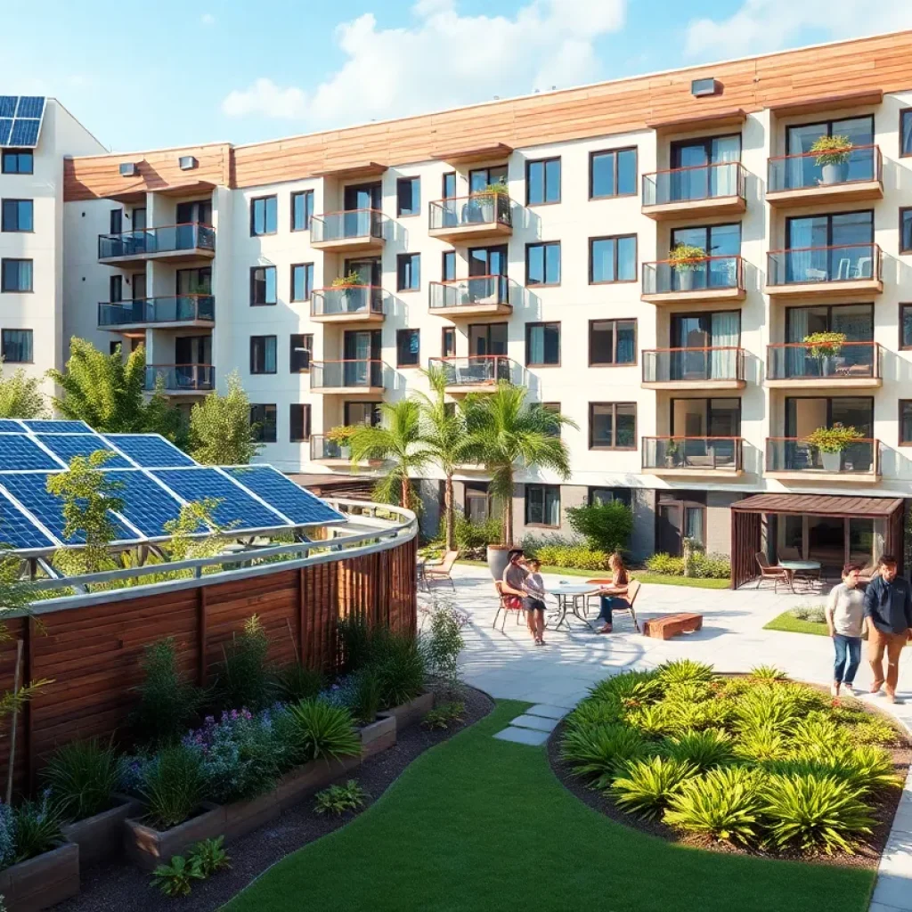 Eco-friendly housing complex in Santa Monica with solar panels and community spaces